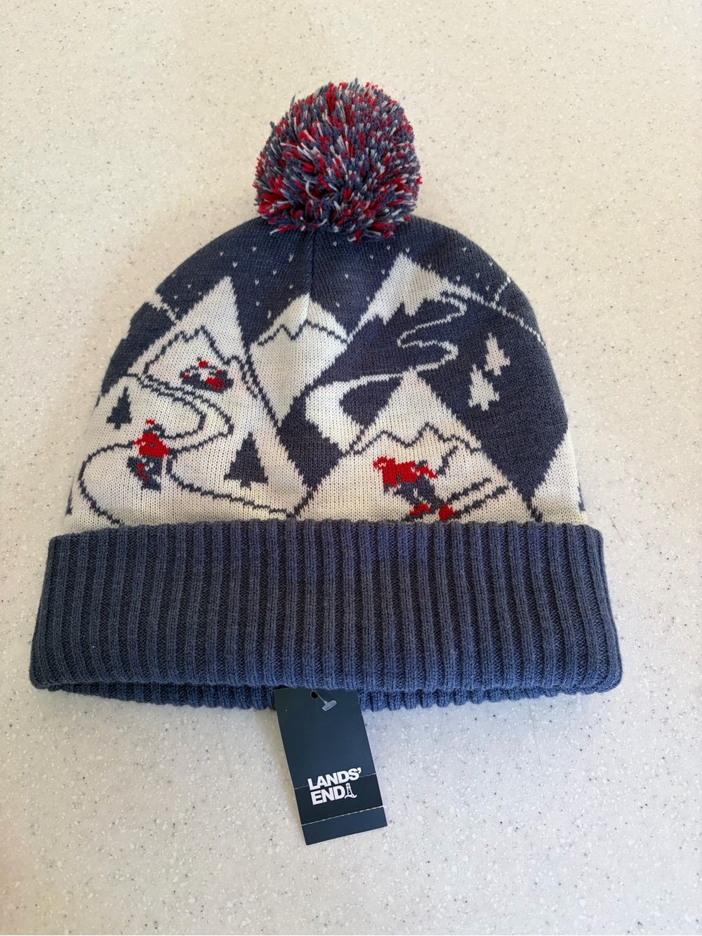 NWT Lands' End Navy, White & Red Ski Mountain Pom Hat. One Size.